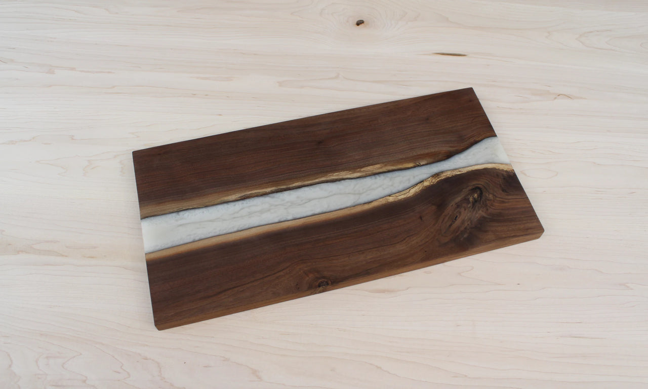 Live Edge Finished Black Walnut Charcuterie Board w/ Silvery White Epoxy 16