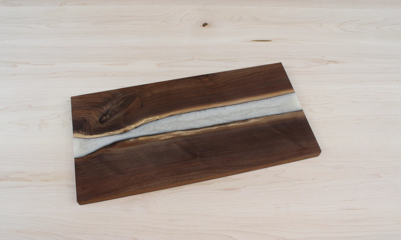 Live Edge Finished Black Walnut Charcuterie Board w/ Silvery White Epoxy 16