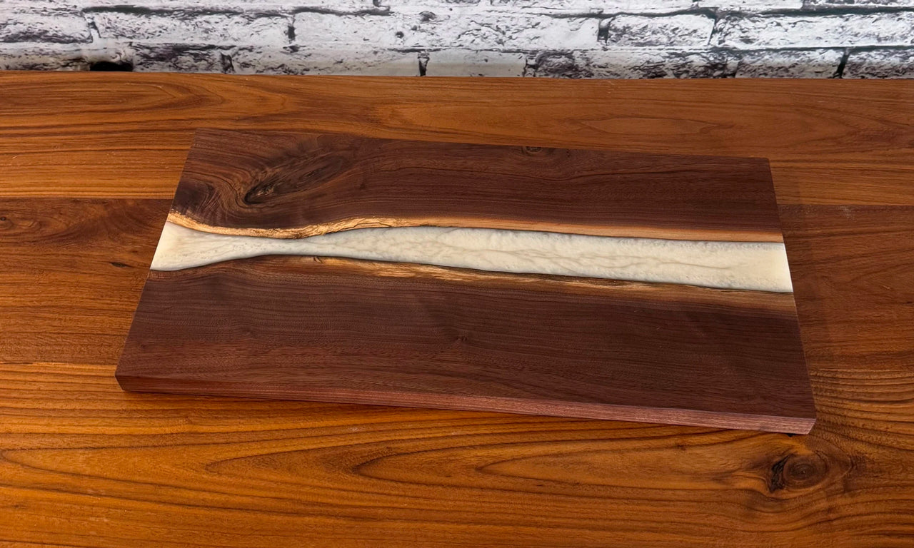 Live Edge Finished Black Walnut Charcuterie Board w/ Silvery White Epoxy