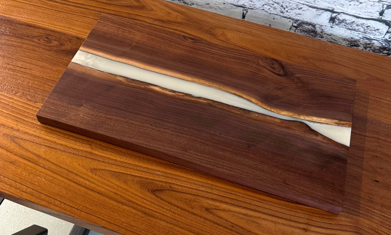 Live Edge Finished Black Walnut Charcuterie Board w/ Silvery White Epoxy