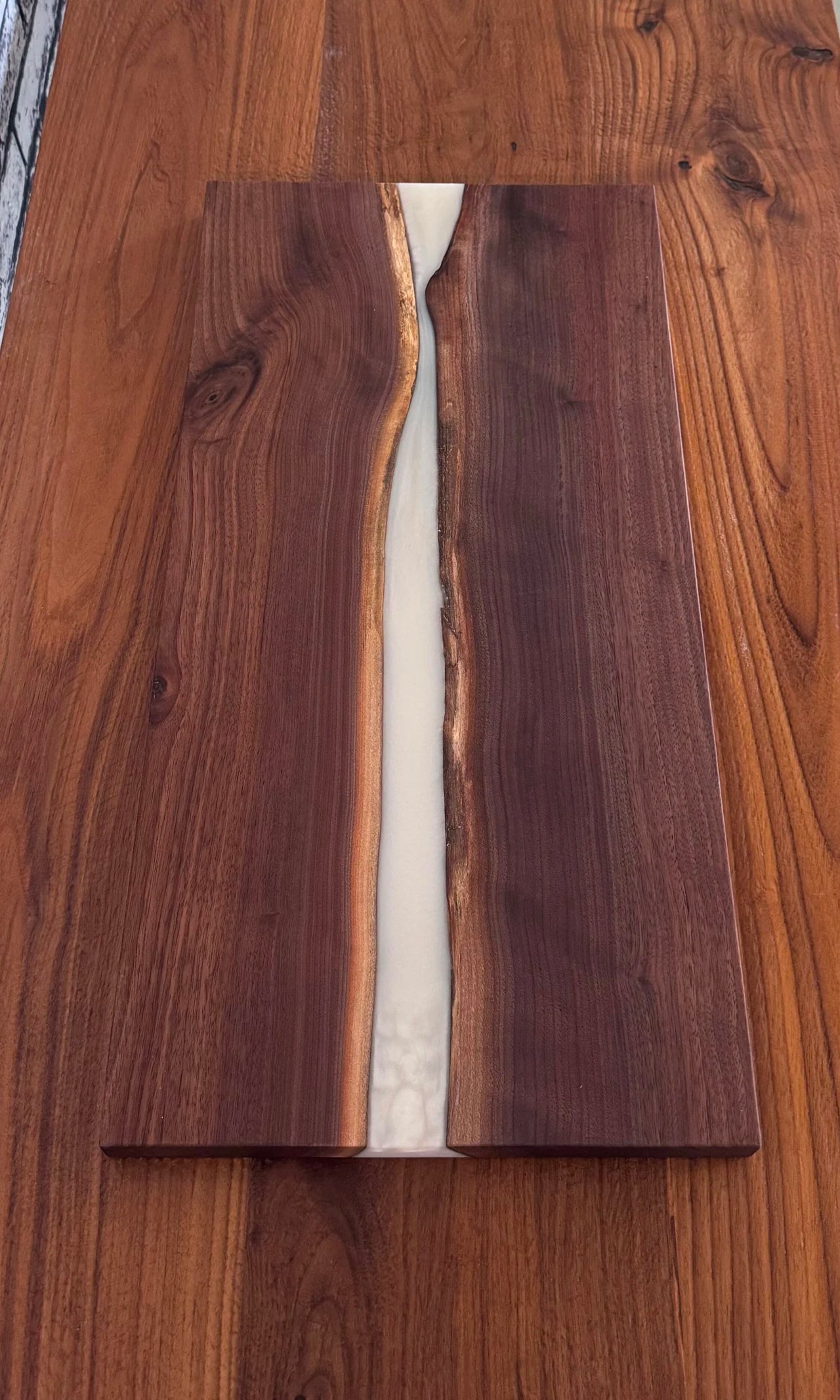 Live Edge Finished Black Walnut Charcuterie Board w/ Silvery White Epoxy